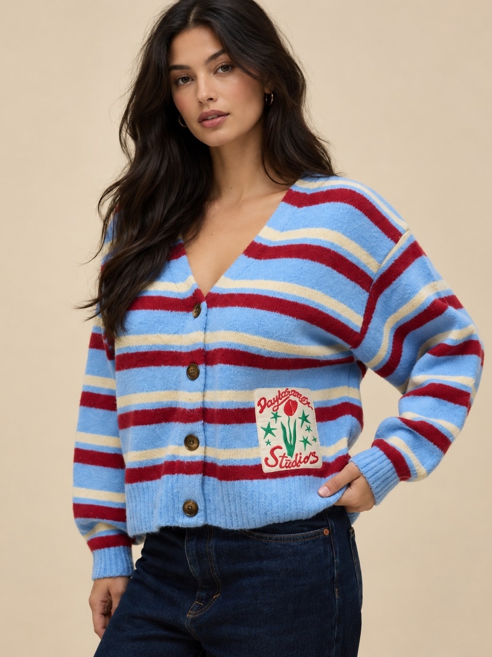 Daydreamer Studios Soft Striped Knit Cardigan Sweater Blue Red Cream Medium